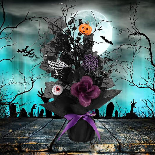 18 Inch Halloween Table Tree, LED Lighted Artificial Tree with Pumpkin,Spider, Black Berries,Halloween Centerpiece for Table, Holiday Party Home Decor