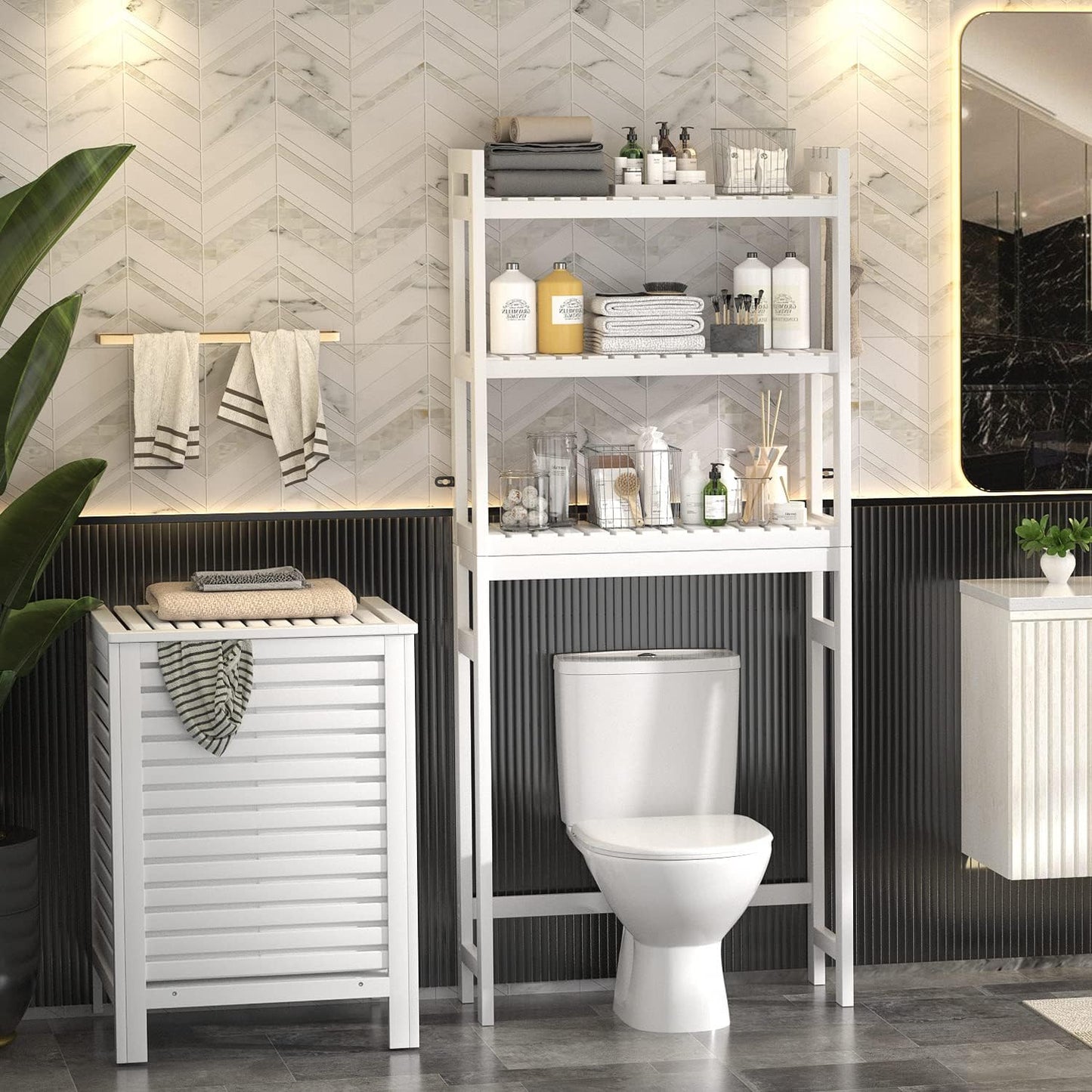 Homykic Over The Toilet Storage, Bamboo Over Toilet Bathroom Organizer Rack, Freestanding Bathroom Shelves Above Toilet Storage with 3 Hooks, Bathroom Space Saver, No Rust, Easy to Assemble, White