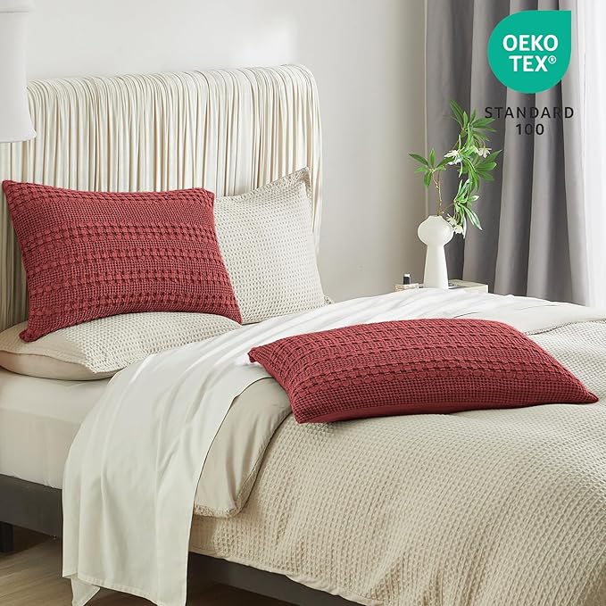PHF Waffle Weave Pillow Shams Queen Size, 2 Pack 100% Cotton Pillowcases 20" x 30", No Insert, Soft & Breathable Aesthetic Woven Pillow Case Covers for Bedroom Decor, Wine Red