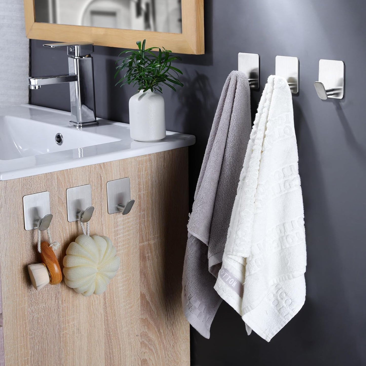 DELITON Adhesive Hooks - 4 Pack Towel Hooks Brushed Stainless Steel, Wall Hooks for Hanging Towels, Clothes, Keys, Stick to Bathroom, Kitchen or Bedroom