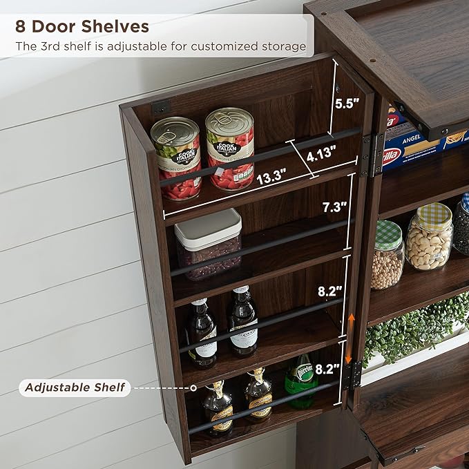 72" Tall Kitchen Pantry, Farmhouse Storage Cabinet with Barn Doors, Organizer, Drawer and Adjustable Shelves, Rustic Wood Cupboard for Kitchen, Dining Room, Bathroom, Brown