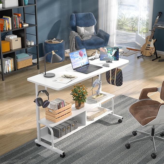 Armocity Height Adjustable Standing Desk with Power Outlets, 47" Manual Stand Up Desk with Storage Shelves Small Mobile Rolling Computer Desk Portable Laptop Table with Wheels for Home Office, White