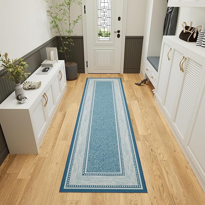 Ottomanson Hallway Runner Rug 2'7" x 9'10" Non Slip Border Area Rugs Easy to Clean Laundry Rug Runner Durable & Pet Friendly Floor Carpet Runners for Hallways Entryway Living Room Kitchen, Turquoise
