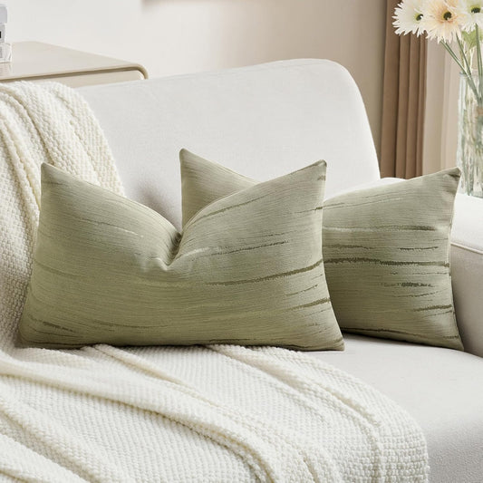 FUTEI Olive Green Chenille Decorative Throw Pillow Covers 12x20 Inch Set of 2,Soft Embossed Striped Textured Lumbar Pillow Cases,Modern Home Decor for Couch Bed Living Room