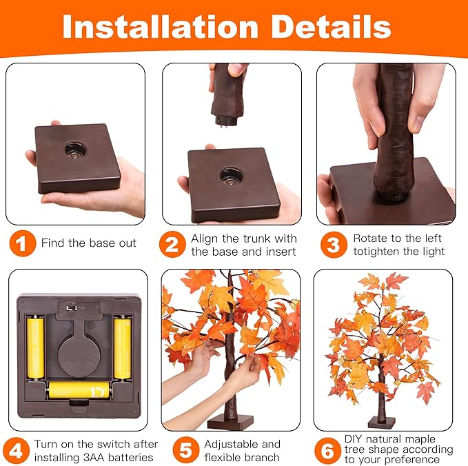 2 Pack 24 Inch Fall Maple Tree with 48LED Battery Operated Lighted Tabletop Artificial Tree with Pumpkin Acorn Maple Fall Centerpieces Indoor Fall Decorations for Home Office Thanksgiving Table Decor