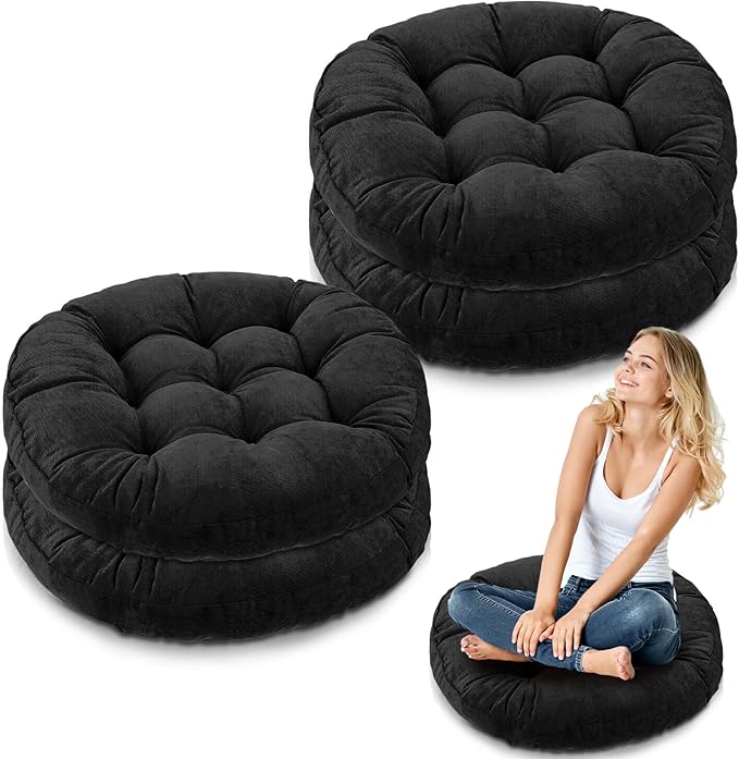 Jerify 4 Pcs Floor Pillow Cushions 22 x 22 Inch Round Square Large Meditation Floor Pillow for Classroom Adult Meditation Picnic Party Cushion for Seating Gift Christmas(Black,Round)