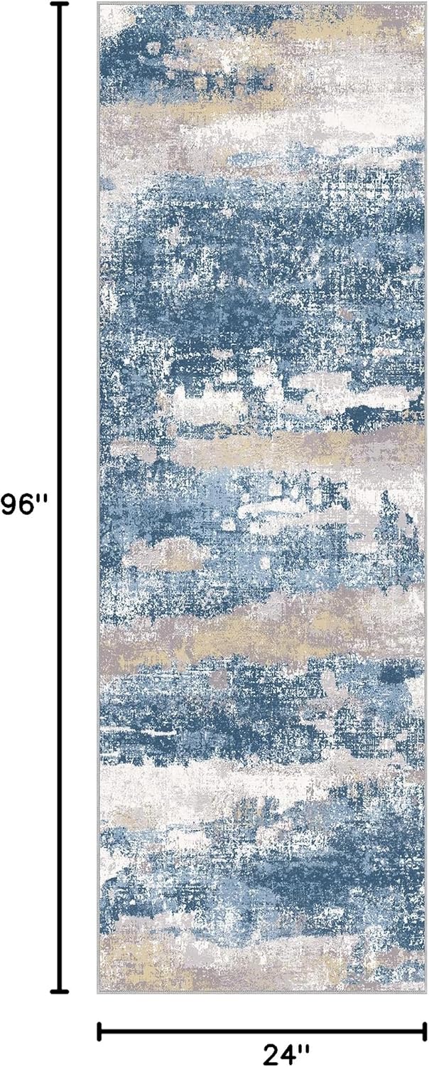 Runner Rug for Hallway Kitchen 2x8 Machine Washable Runners Rug for Entryway, Blue Cream Soft Modern Abstract Throw Rugs, Floor Carpet with Non Slip Rubber Backing