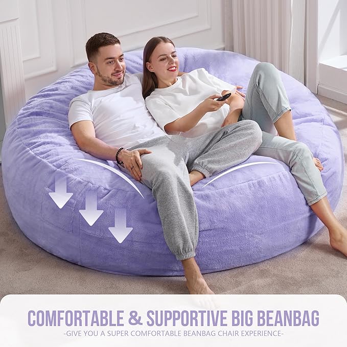 Hobestluk 6ft Bean Bag Chairs for Adults Large Beanbag Chair with Plush Faux Fur Cover Big Bean Bag Chair for Living Room Bedroom Dorm Office - Purple (70" x 70" x 15")