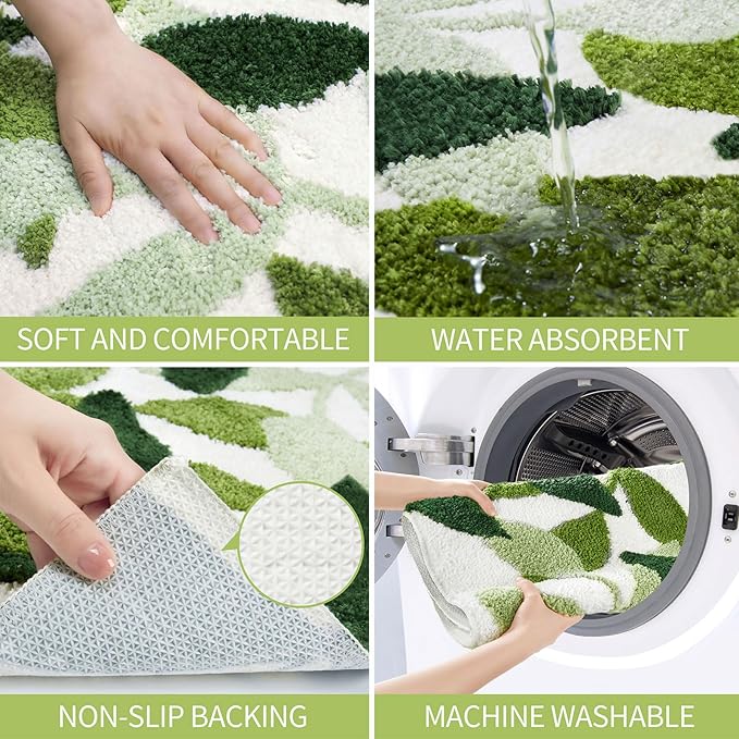 Gibelle Long Bathroom Runner Rug 24"x48", Green Leaves Large Bath Runner Rugs for Bathroom, Non-Slip Strong Water Absorbent Plush Microfiber Bath Mat Runner Washable