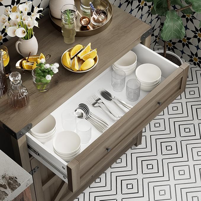 JUMMICO Coffee Bar Cabinet Farmhouse Kitchen Sideboard Buffet Cabinet with Drawer and Adjustable Shelf Barn Door Storage Cabinet for Kitchen, Dining Room, Bathroom, Entryway (Rustic Oak)