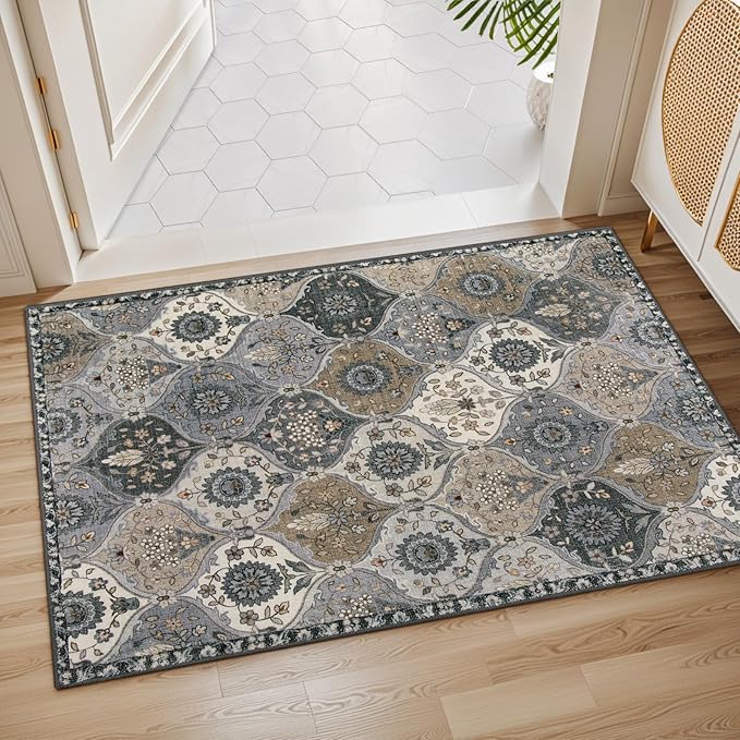 Lahome Moroccan Trellis Area Rug, 2x3 Entryway Rug Non-Slip Washable Indoor Door Mat, Small Oriental Accent Throw Carpet for Bedroom Kitchen Entry Bathroom, Grey