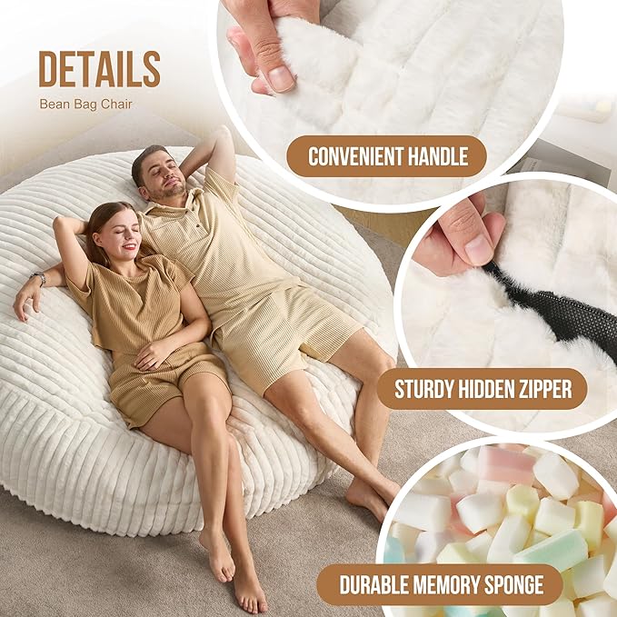 Hobestluk 6ft Bean Bag Chairs for Adults Large Beanbag Chair with Stripe Plush Cover Big Bean Bag Chair for Living Room Bedroom Dorm Office - White (70" x 70" x 15")