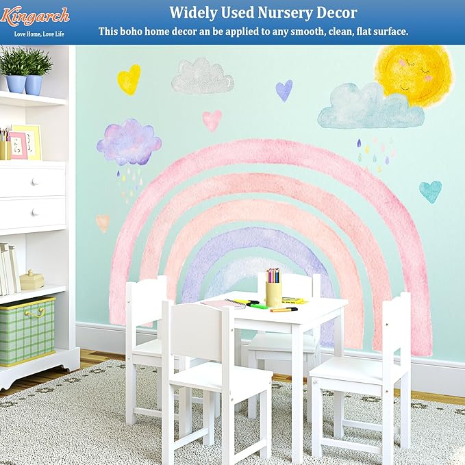 Large Boho Rainbow Wall Decals, Clouds Sun Hearts Peel and Stick Fabric Nursery Wall Decor, Removable Home Room Wall Decor Murals Stickers for Kids Girls Toddler Bedroom Living Room Playroom