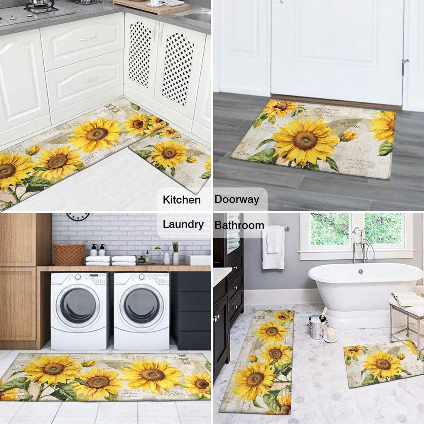 2 Piece Sunflower Kitchen Decor Rugs Set, Farmhouse Country Kitchen Rugs and Mats Non Skid Washable Absorbent Microfiber Kitchen Mats for Floor Mats Accessories Decoration 17"x47"+17"x30"