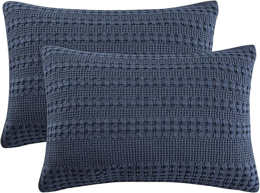 PHF 100% Cotton Waffle Pillow Shams Standard Size, 2 Pack 20" x 26" Soft Skin-Friendly Pillowcases, No Filling, Aesthetic Woven and Breathable Waffle Weave Pillow Case Covers for Bed, Dark Navy