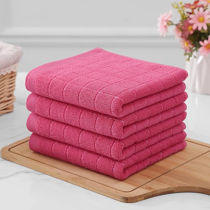 Homaxy 100% Cotton Terry Kitchen Towels(Rose Red, 13 x 28 inches), Checkered Designed, Soft and Super Absorbent Dish Towels, 8 Pack