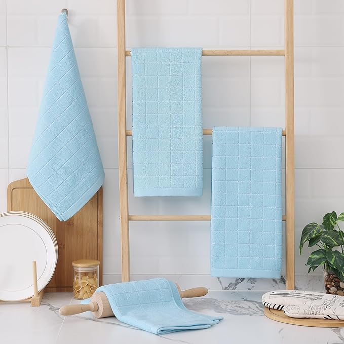 Homaxy 100% Cotton Terry Kitchen Towels(Sky Blue, 13 x 28 inches), Checkered Designed, Soft and Super Absorbent Dish Towels, 4 Pack