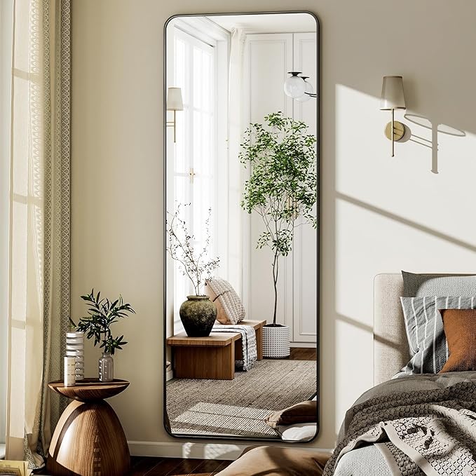 Round Corner Mirror Full Length, 66" x 23" Floor Mirror with Stand, Matte Aluminum Alloy Frame Full Body Mirror, Standing Hanging or Leaning for Bedroom and Living Room, Black