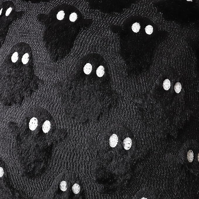 4TH Emotion Halloween Ghost Decorative Lumbar Pillow Covers 12x20 Set of 2, Black Soft Plush Faux Fur Farmhouse Throw Cushion Cases for Fall Autumn Holiday Home Decorations