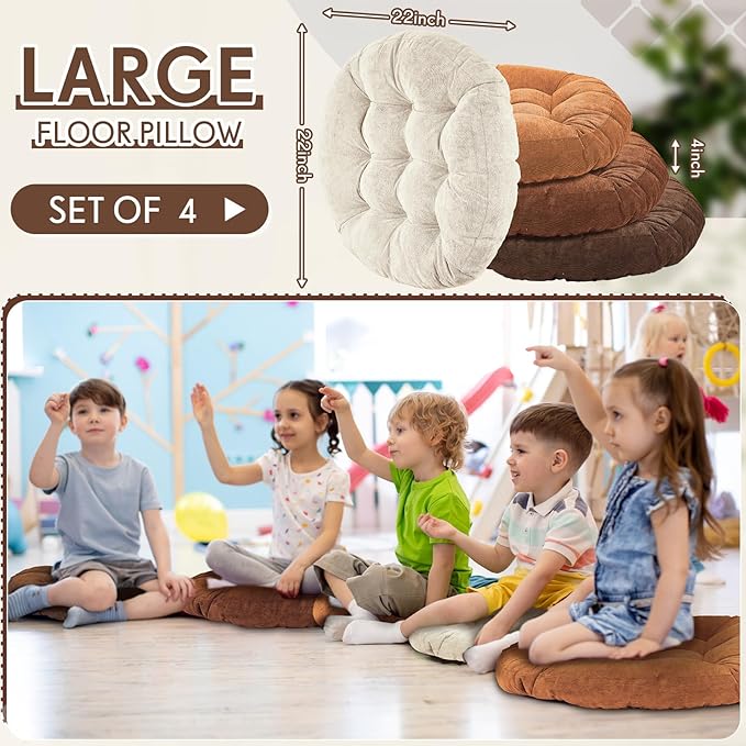 Jerify 4 Pcs Floor Pillow Cushions 22 x 22 Inch Round Square Large Meditation Floor Pillow for Classroom Adult Meditation Picnic Party Cushion for Seating Gift Christmas(Brown,Round)