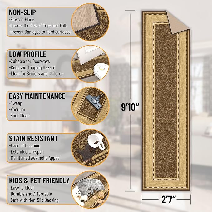 Ottomanson Hallway Runner Rug 2'7" x 9'10" Non Slip Border Area Rugs Easy to Clean Laundry Rug Runner Durable & Pet Friendly Floor Carpet Runners for Hallways Entryway Living Room Kitchen, Brown