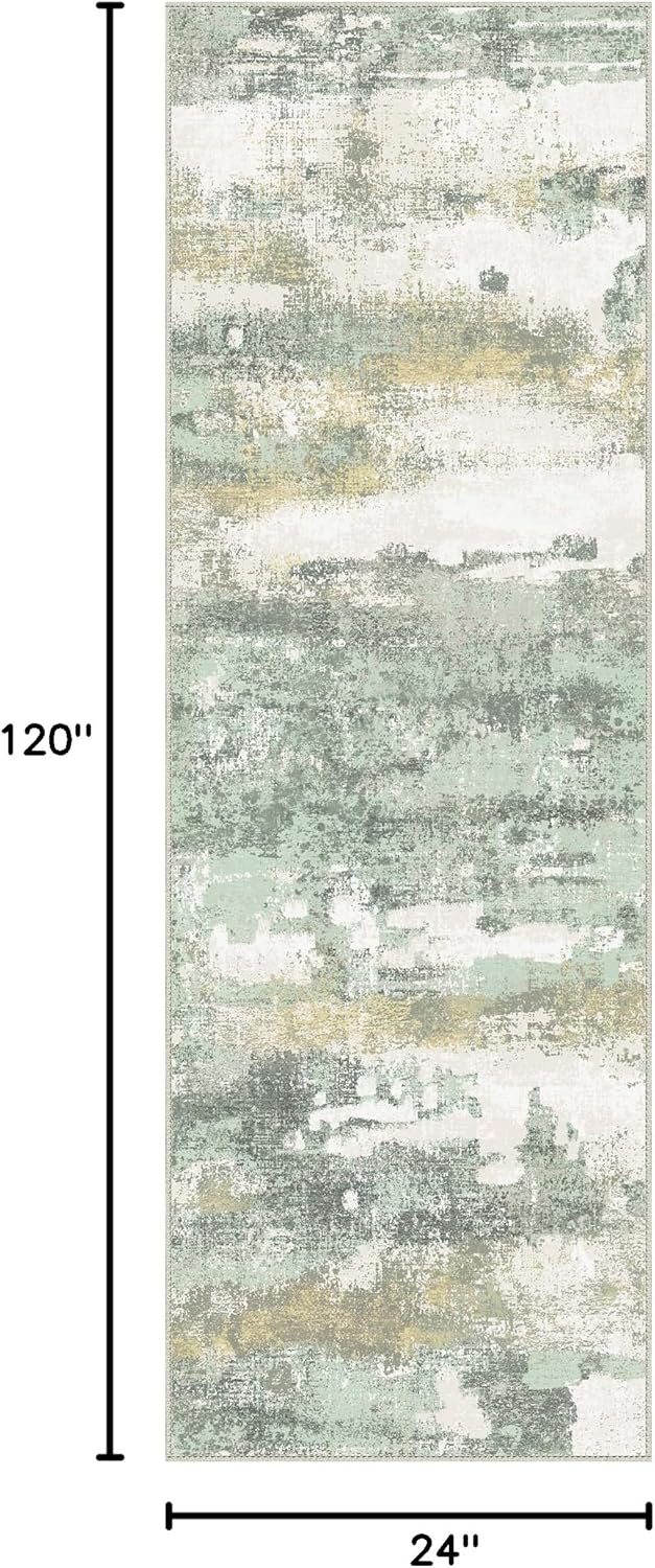 Runner Rug for Hallway Kitchen, 2x10 Machine Washable Runners Rug for Entryway, Light Green Soft Modern Abstract Throw Rugs, Low Pile Floor Carpet with Non Slip Backing