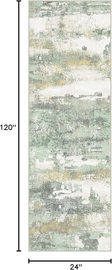 Runner Rug for Hallway Kitchen, 2x10 Machine Washable Runners Rug for Entryway, Light Green Soft Modern Abstract Throw Rugs, Low Pile Floor Carpet with Non Slip Backing