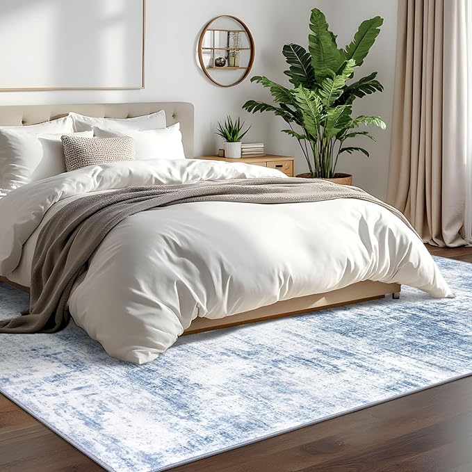 IOHOUZE Abstract Area Rugs 6x9 Ft Washable Rugs for Living Room, Non Slip Dining Room Rug, Printed Faux Wool Rugs for Bedroom, Floor Carpet for Office Nursery Playroom, Light Blue White