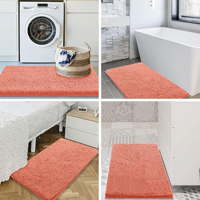 Smiry Luxury Chenille Bathroom Rugs 30x20, Extra Soft and Absorbent Shaggy Bath Mat, Machine Washable, Non-Slip Plush Carpet Runner for Tub, Shower, and Floor, Home Decor Accessories, Coral