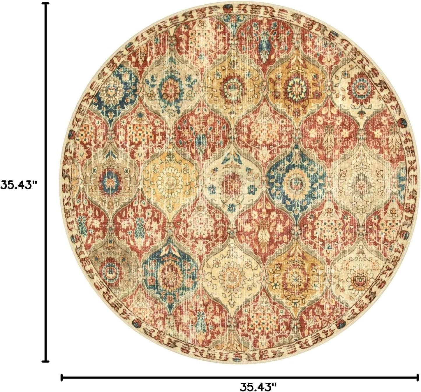 Lahome Moroccan Trellis Round Area Rugs, Washable Small Round Rug 3ft Non-Slip, Soft Vintage Ultra-Thin Circle Carpet for Bedroom Entryway Kitchen Laundry Bathroom, Red/Orange