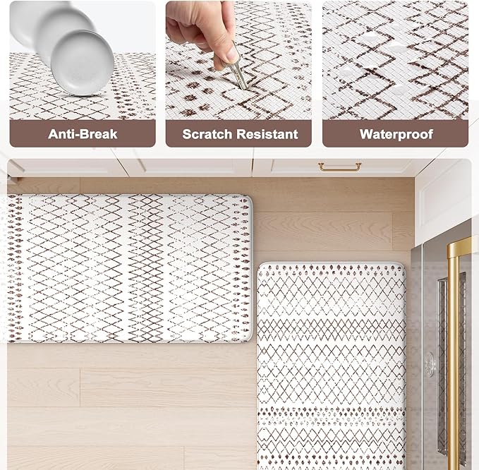 KIMODE Kitchen Mats 2PCS,Cushioned Anti Fatigue Boho Kitchen Rugs and Mats,Non Slip Waterproof Kitchen Mats for Floor,Comfort Foam Standing Desk Mat for Home,Office,Sink,Laundry,Brown and White
