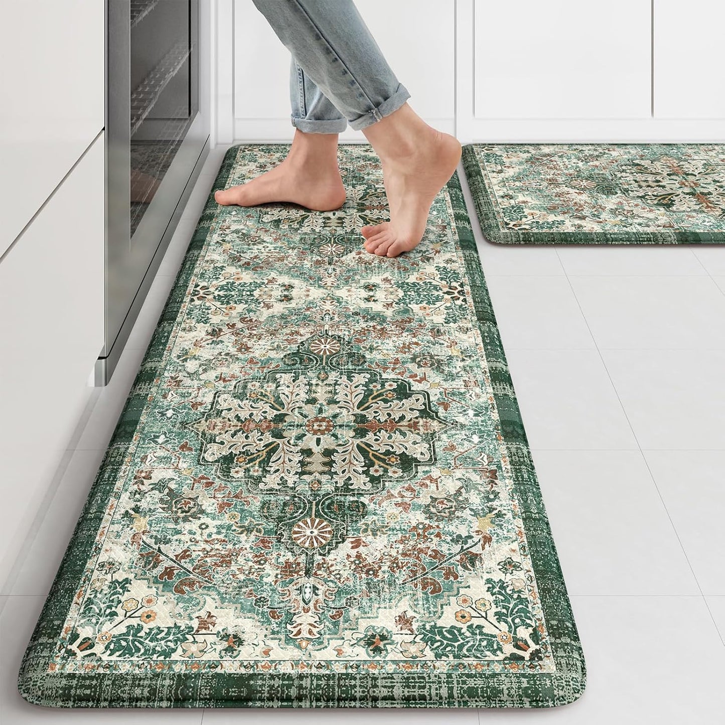 KIMODE Kitchen Mats Cushioned Anti Fatigue, Boho Oriental Kitchen Rugs 17"x47"+17"x29", Non Slip Kitchen Mats for Floor, Padded Kitchen Floor Mats for Sink Laundry Office Desk Green Multi