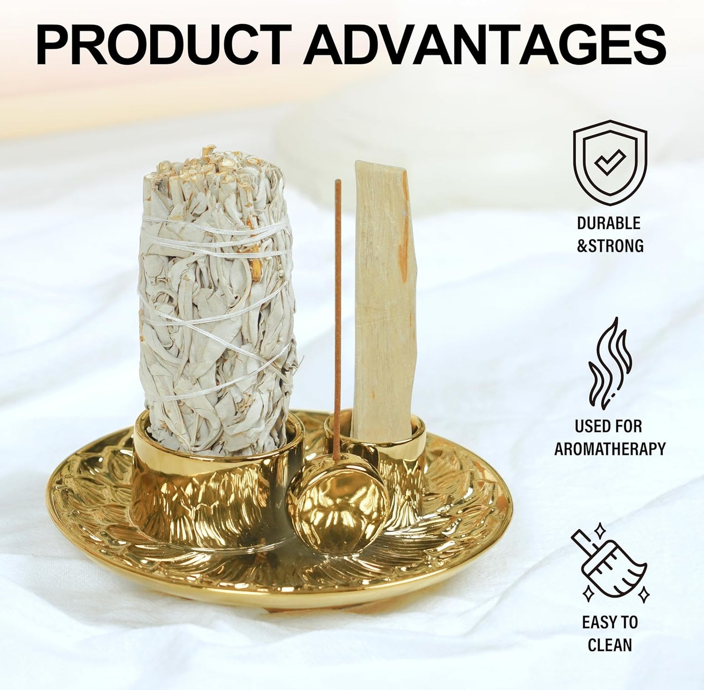 4 in 1 Incense Holder, Ceramic Incense Stick and Palo Santo Holder,Sage Holder for Burning- 5.5" Ceramic Ash Catcher Tray for Meditation and Yoga Room (Golden)