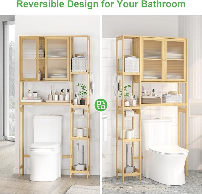 Over The Toilet Storage Cabinet Above Toilet Bathroom Organizer with Toilet Paper Holder Stand Bath Organizer with Adjustable Shelves & Acrylic Doors,Anti-Tip Device (Nature, 3 Tiers with Cabinet)