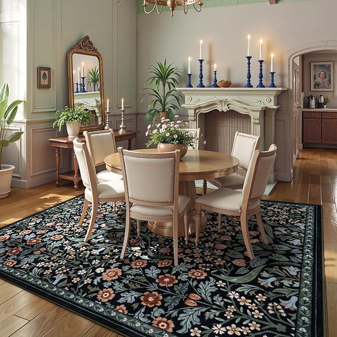 Lahome Floral 8x10 Black Rugs for Living Room, Soft Washable Large Area Rug for Bedroom Dining Room, Botanical Lightweight Stain-Resistant Boho Carpet for Guestroom Indoor