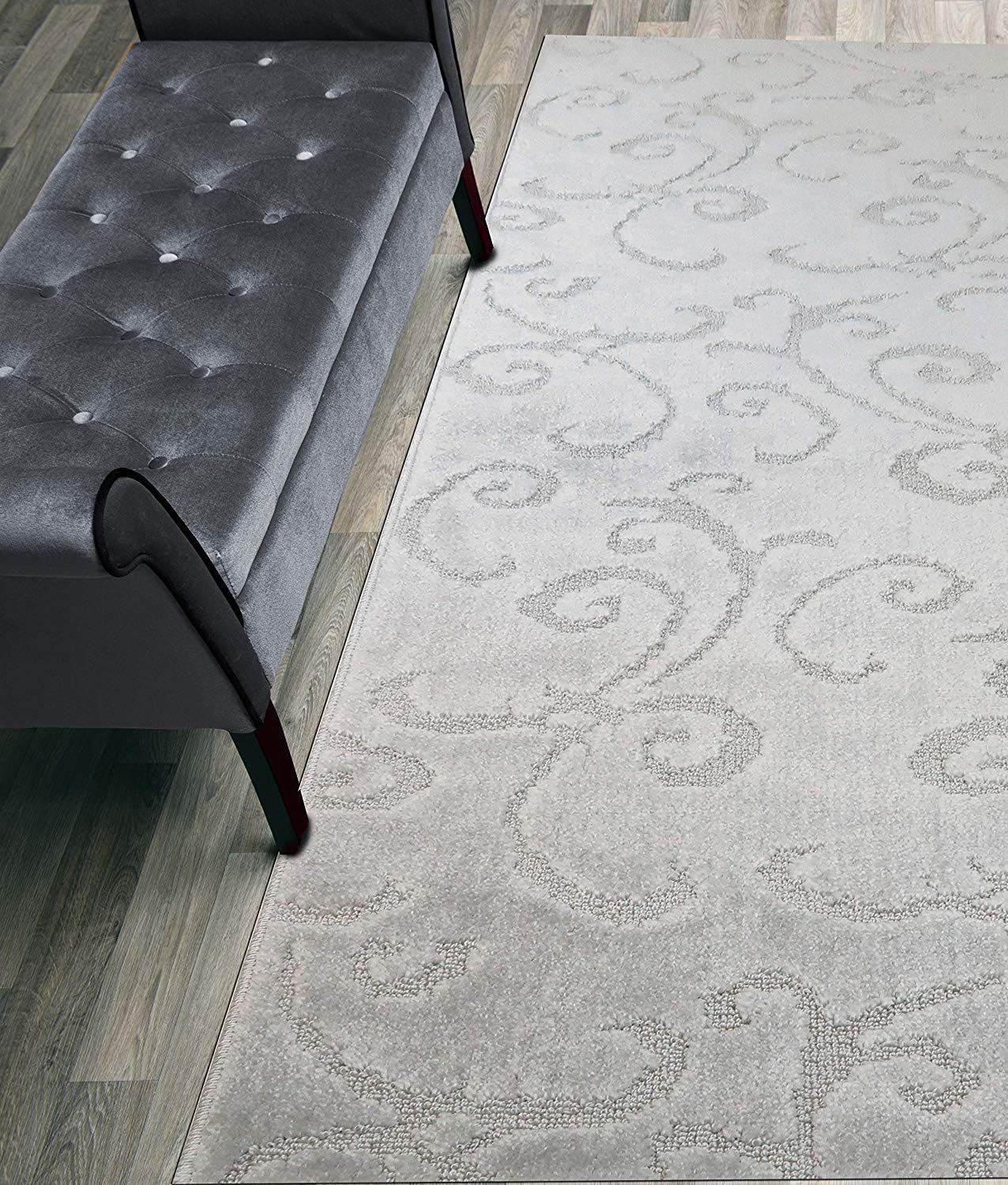 Custom Length Hallway Runner Rug,Slip Resistant,Scroll Light Silver, 26 Inch X 31 feet, Sold and Priced Per Foot