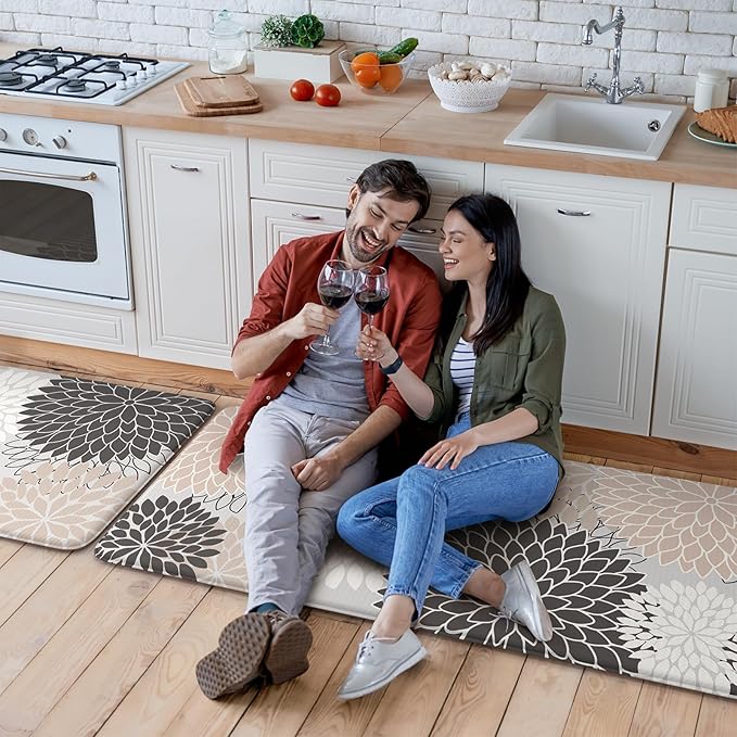 KIMODE Anti Fatigue Kitchen Mats for Floor, Boho Floral Kitchen Rugs Sets of 2, Non Slip Waterproof Kitchen Floor Mats, Memory Foam Kitchen Mat for Sink, Laundry, Office, Desk Pink 20"x47"+20"x32"