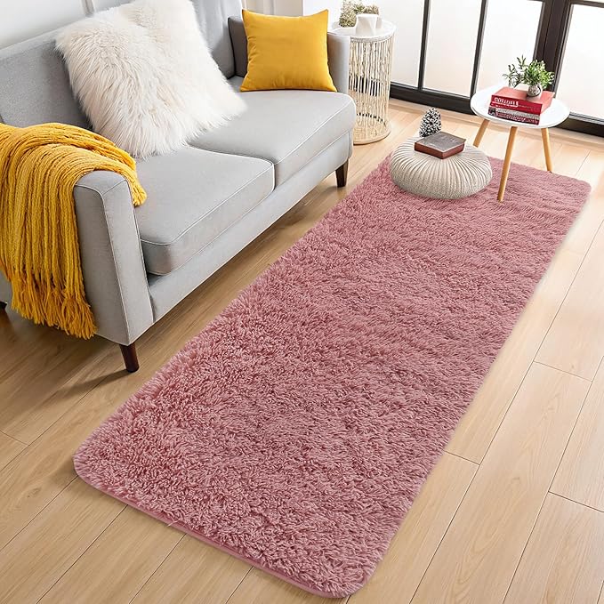 OLANLY 2x8 Machine Washable Runner Rugs for Hallway, Soft Fluffy Shaggy Bedside Rugs for Bedroom, Living Room, Indoor Floor Carpet for Kids Girls Boys, Nursery Rooms, Home Decor Aesthetic, Pale Pink