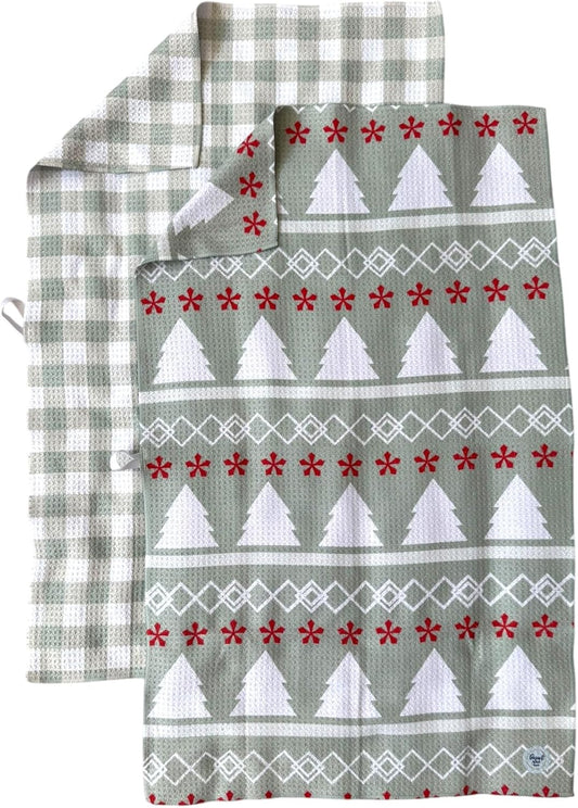 2 Pack || Double Sided|| Not Your Ordinary Kitchen Towels || Dish Towels || Quick Dry || Waffle Weave Microfiber || Designer Prints || Highly Absorbent || Hanging Hook (Mint Christmas)