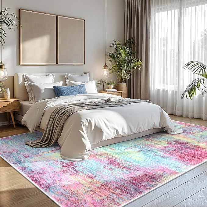 IOHOUZE Abstract Area Rugs 8x10 Ft Washable Large Rugs for Living Room, Non Slip Dining Room Rug, Printed Faux Wool Rugs for Bedroom, Floor Carpet for Office Nursery Playroom, Pink Teal