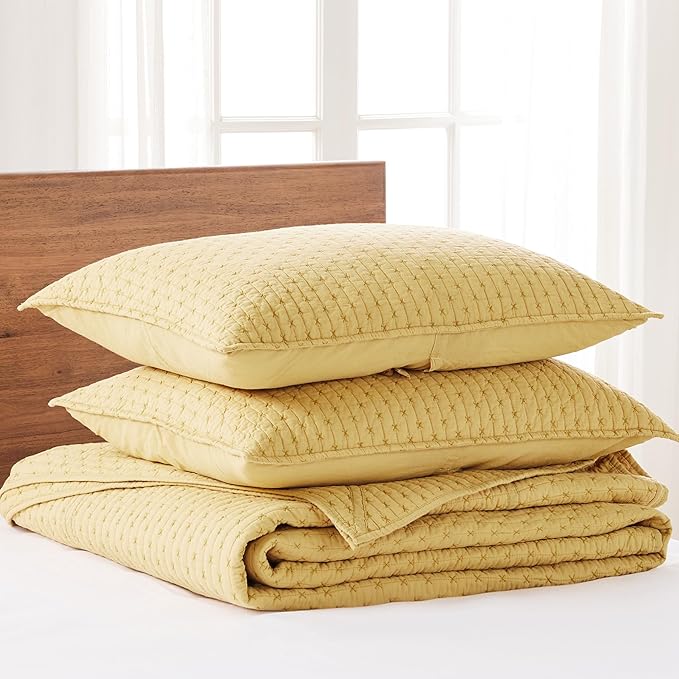 Levtex Home Cross Stitch Reversible Queen Bedspread Set (104x106in) with 2 Pillow Shams (26x20in) - Stitch Texture - Ochre - Cotton Queen Size Bedspread Set - Lightweight, Soft, Pre-Washed