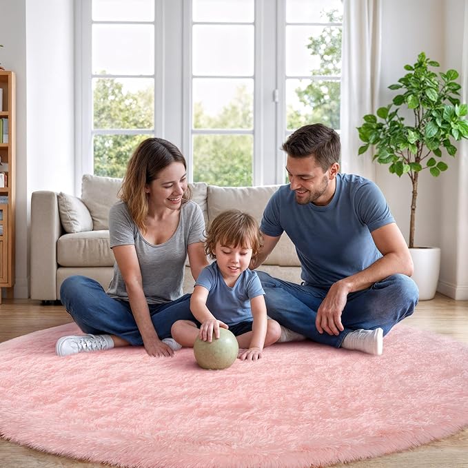 Pink Round Rug for Bedroom, 4Ft Fluffy Circle Area Rugs for Living Room, Shag Fuzzy Carpet for Kids Room, Nursery, Dorm, Classroom, Teen, Cute Baby Play Mat Home Decor Aesthetic