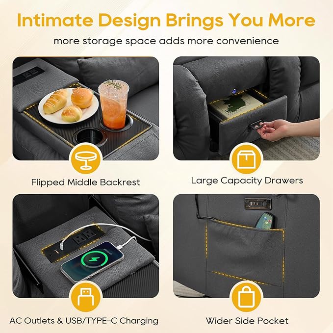 IPKIG 67" Power Reclining Loveseat Sofa, Electric Home Theater Seating with Console/4 Colors Ambient Lighting/Bluetooth Speakers/USB Ports/Built-in Outlets (Dark Grey, Loveseat Recliner)