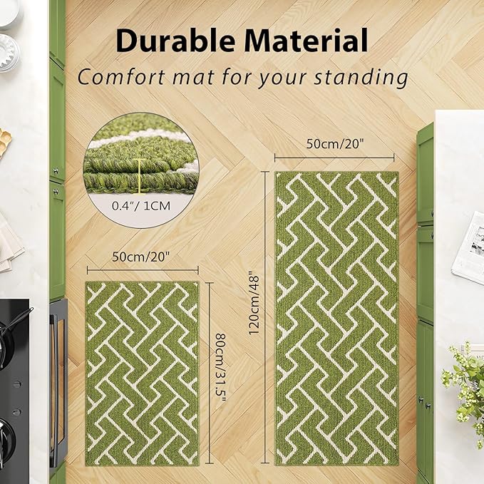 hicorfe Kitchen Rugs and Mats Sets,Non-Slip Absorbent 100% Polypropylene Kitchen Mats for Floor,Comfort Kitchen Runner Mat,Washable for Kitchen,Sink,Laundry(20" x 31.5" Plus 20" x 48",Sage Green)