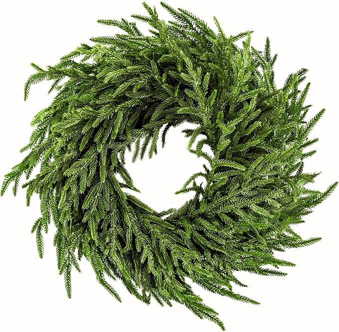 24" Norfolk Pine Wreath for Front Door, Real Touch Norfolk Pine Wreath Artificial Green Wreath Greenery Realistic Wreath Holiday Decoration for Home Decor