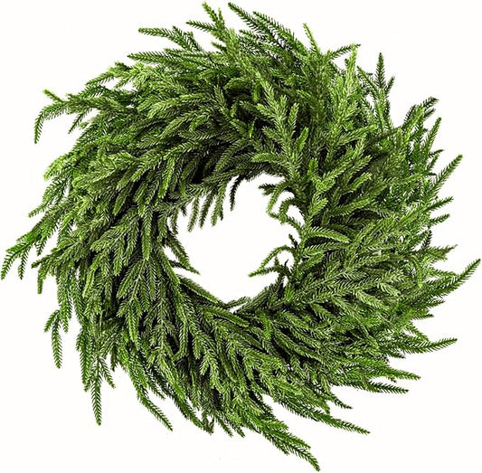 24" Norfolk Pine Wreath for Front Door, Real Touch Norfolk Pine Wreath Artificial Green Wreath Greenery Realistic Wreath Holiday Decoration for Home Decor