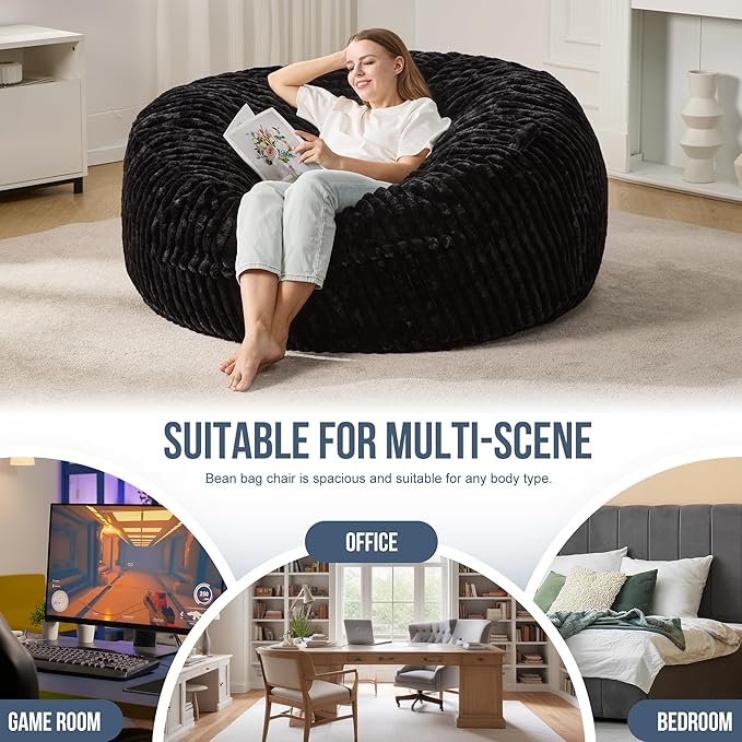Hobestluk 5ft Bean Bag Chairs for Adults Large Beanbag Chair with Stripe Plush Cover Big Bean Bag Chair for Living Room Bedroom Dorm Office -Black (50” x 50” x 24”)