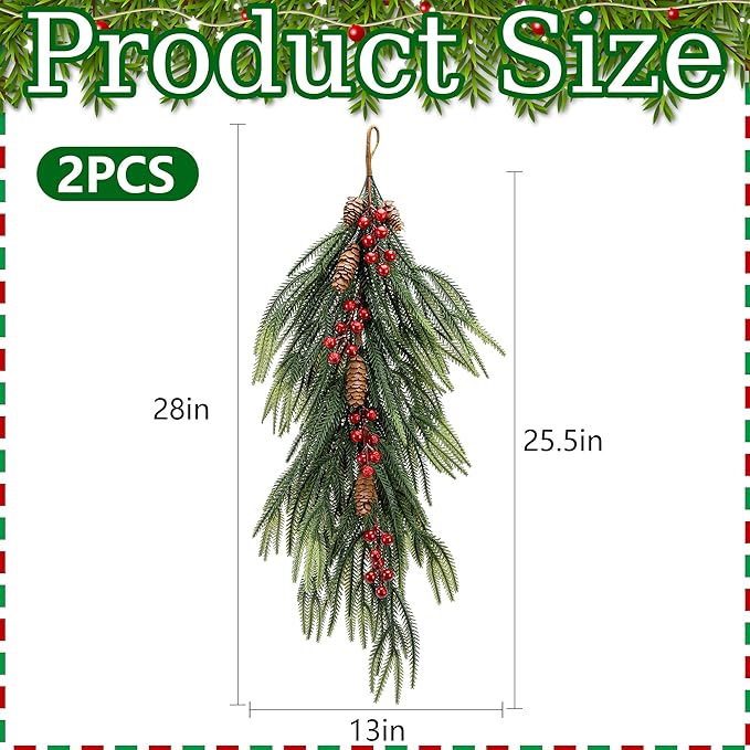 2 Pcs Artificial Christmas Teardrop Swag with Berries and Pinecones, Faux Berry Pine Branch Teardrop Door Swag, Real Touch Norfolk Wreath Greenery Staircase Swags for Xmas Door Mantle Fireplace Decor