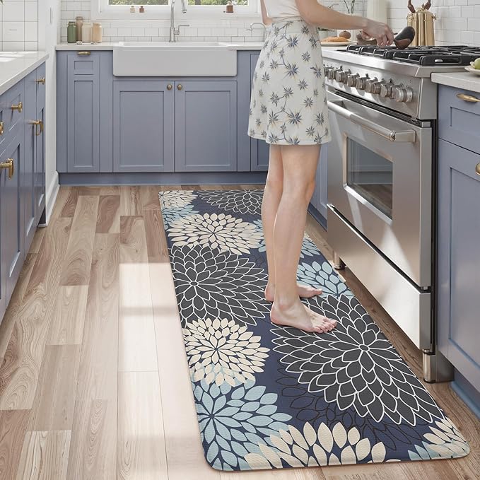 KIMODE Anti Fatigue Kitchen Mats for Floor, Boho Floral Kitchen Rugs 24" x 59", Cushioned Mats for Kitchen Floor, Non Slip Kitchen Floor Mats, Sink, Laundry, Office,Blue Multi