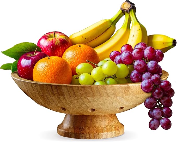 Bambüsi Wooden Fruit Bowl - Large Decorative Pedestal Bowl for Kitchen Counter, Dining Table, and Home Decor - Modern Serving Bowl for Fruits, Salads, Keys, Centerpiece, Entryway